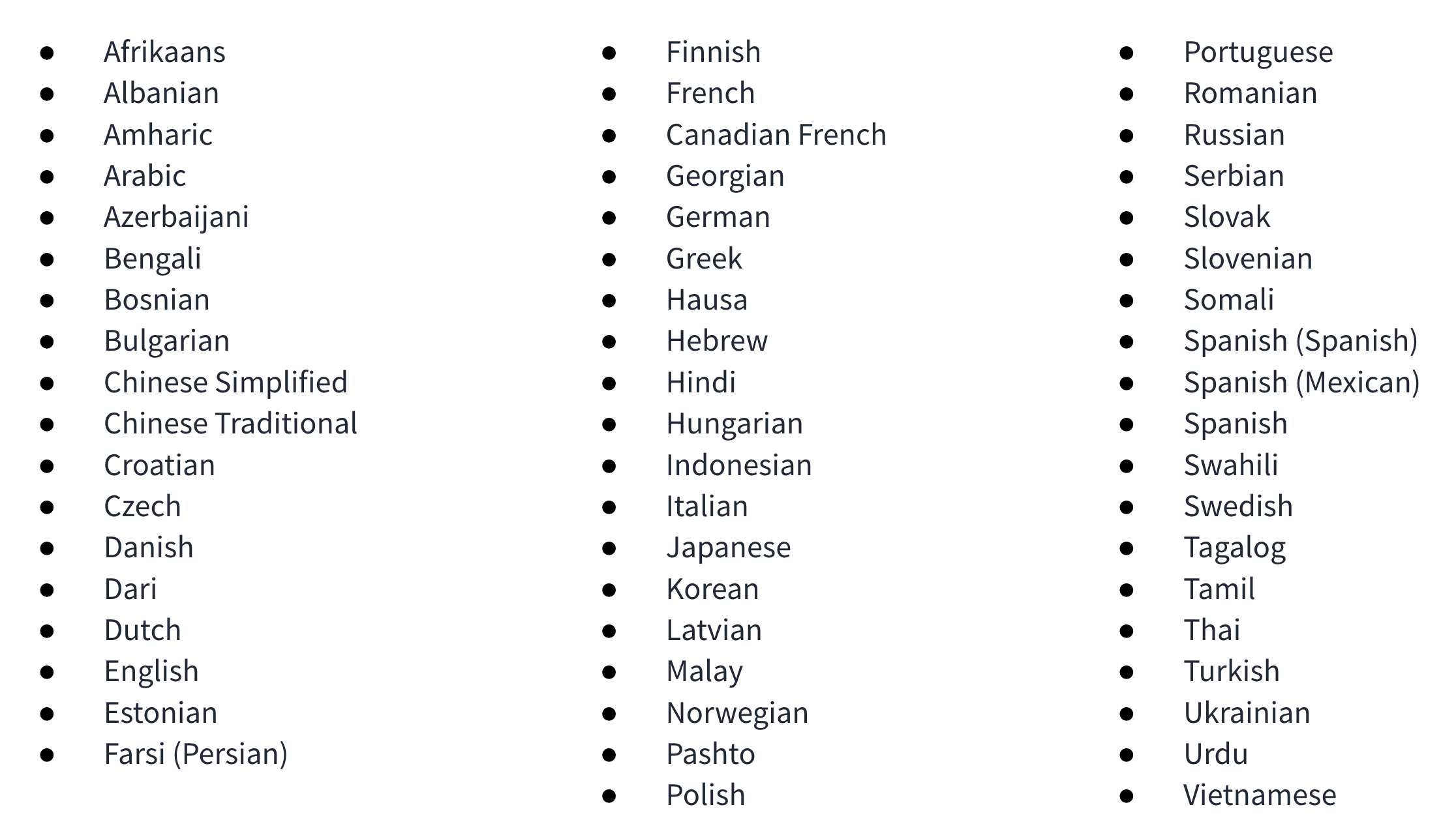 English > Urdu, Russian, Vietnamese, Hebrew, Korean, German, Hindi